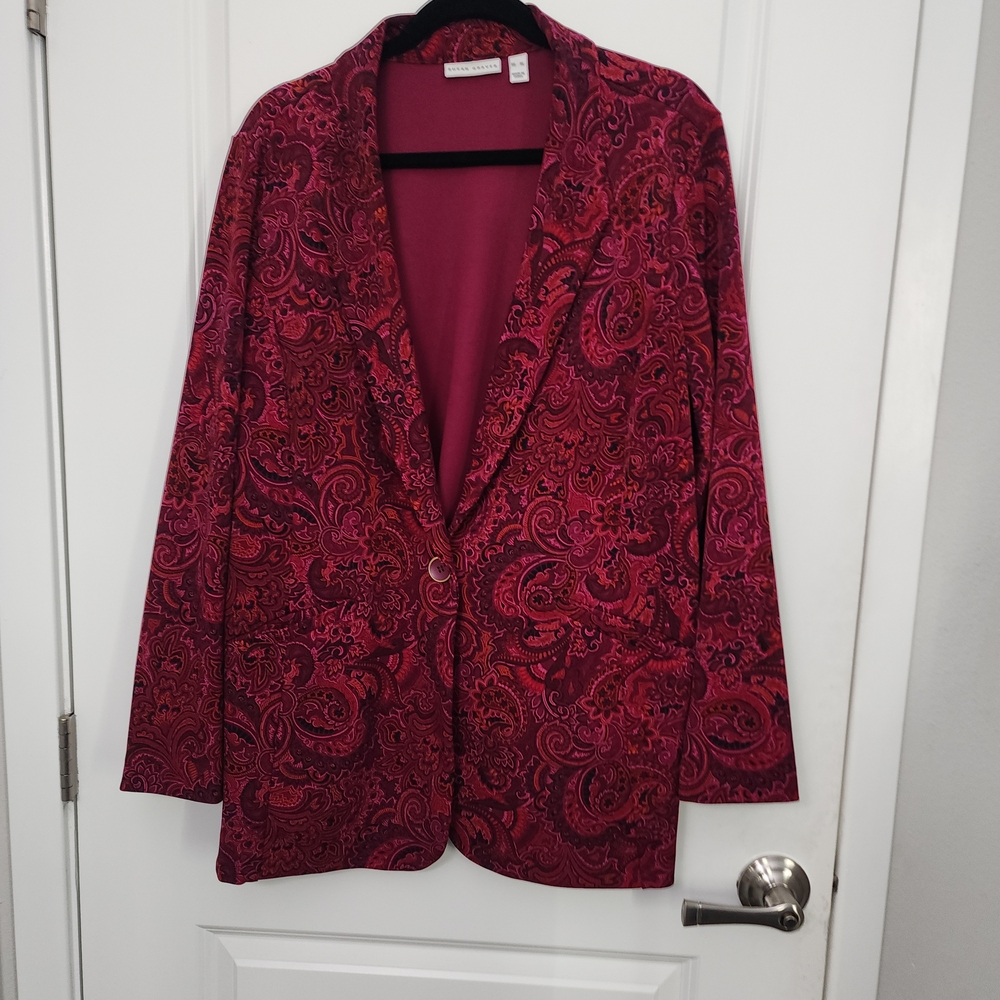 Susan Graver Paisley Burgundy Ponte Knit Blazer - Picture 2 of 7